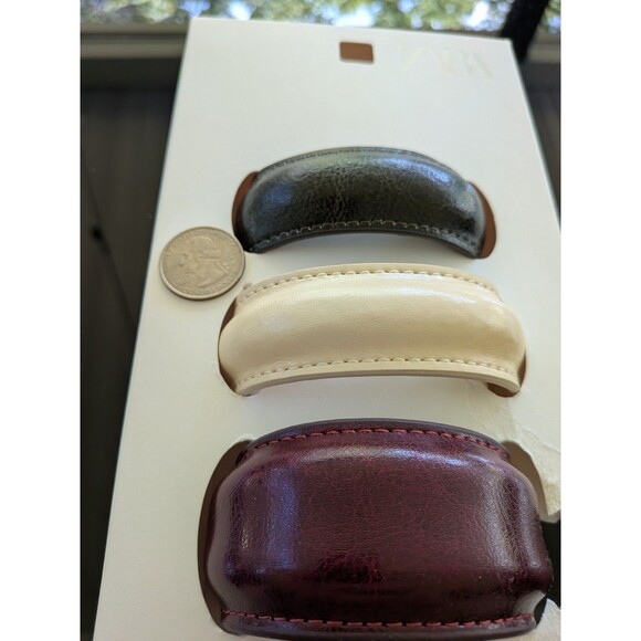 ZARA Women NEW Pack Of 3 Leather Cuff Bangle Bracelets Burgundy Green Cream Bend - Picture 2 of 14